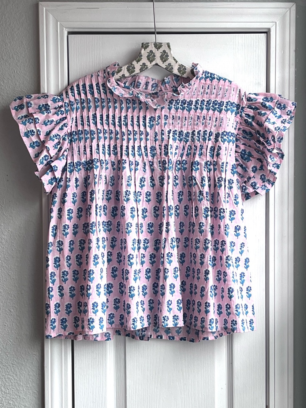 SOHANA Boho Block Print Pink Blue Floral Pintuck Flutter Sleeve Blouse Size XL